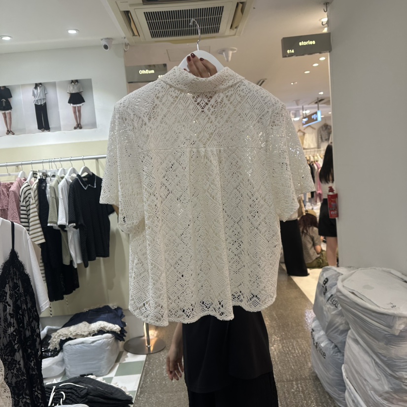 OREUM韓國直郵㊣女裝新品職業25春夏休閑襯衫蕾絲衫鉤針編織OREUM襯衫/蕾絲衫