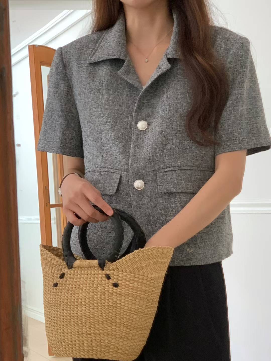 HIDEWAY東大門㊣直郵女裝新款25春夏時尚休閑夾克荷葉邊花呢HIDEWAY夾克
