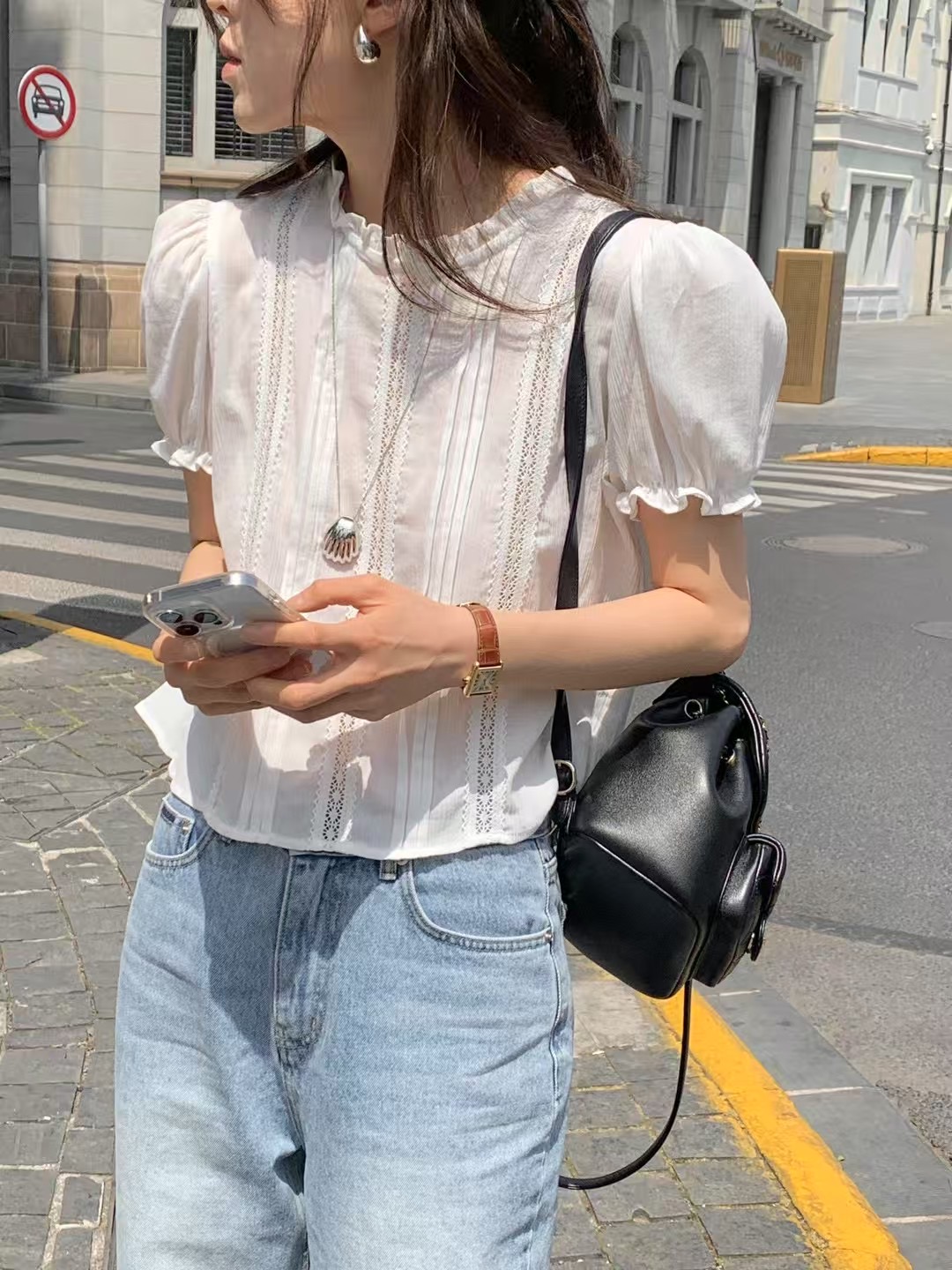 ALL OVER韓國代購㊣女裝新款25春夏時尚人氣職業襯衫蕾絲衫ALL OVER襯衫/蕾絲衫