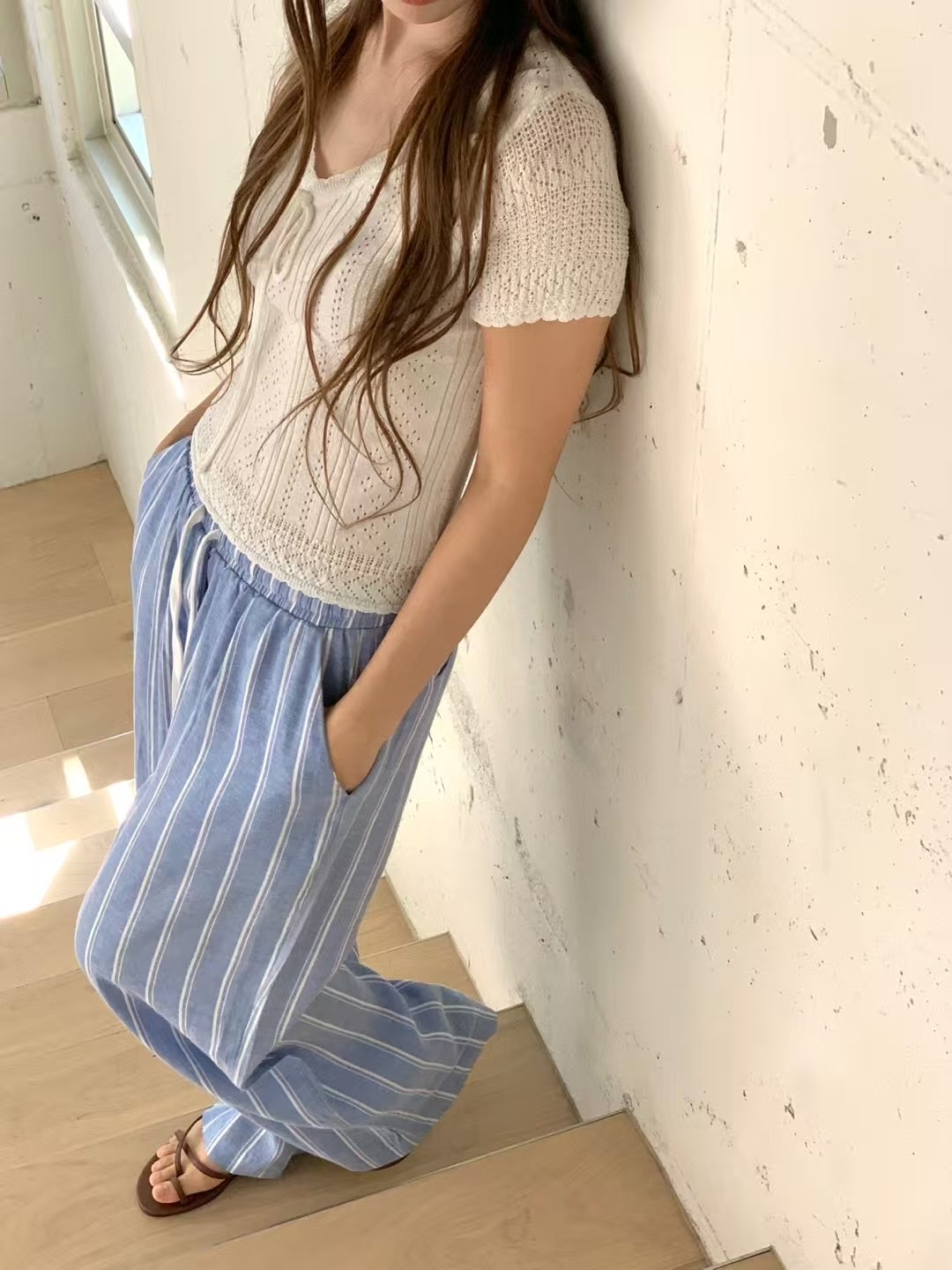 ALL OVER東大門㊣直郵女裝新款推薦25春夏熱賣休閑褲亞麻條紋ALL OVER休閑褲