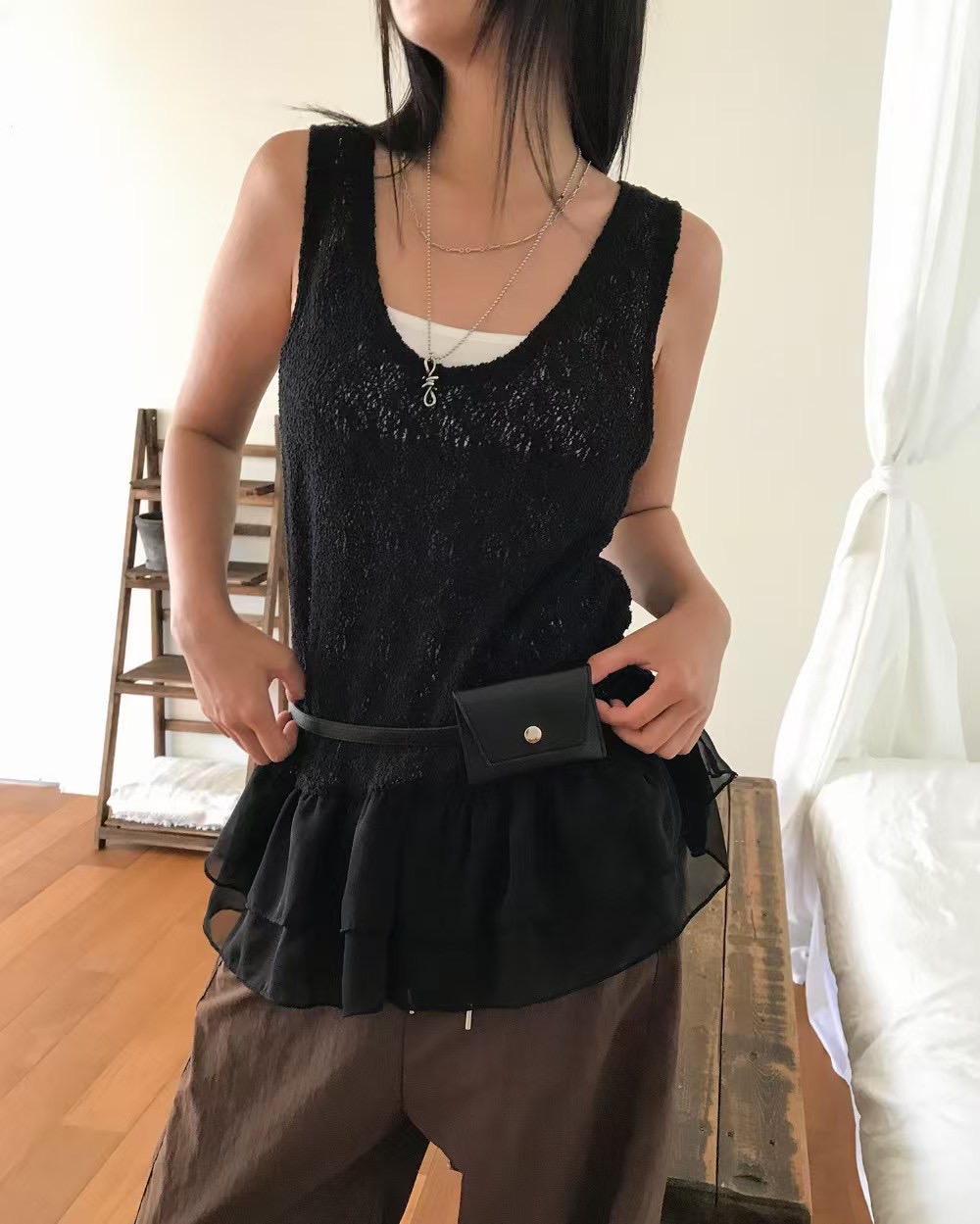 MANNISH韓國直郵㊣女士新款熱賣休閑人氣吊帶背心荷葉邊雪紡LOVINE吊帶/背心