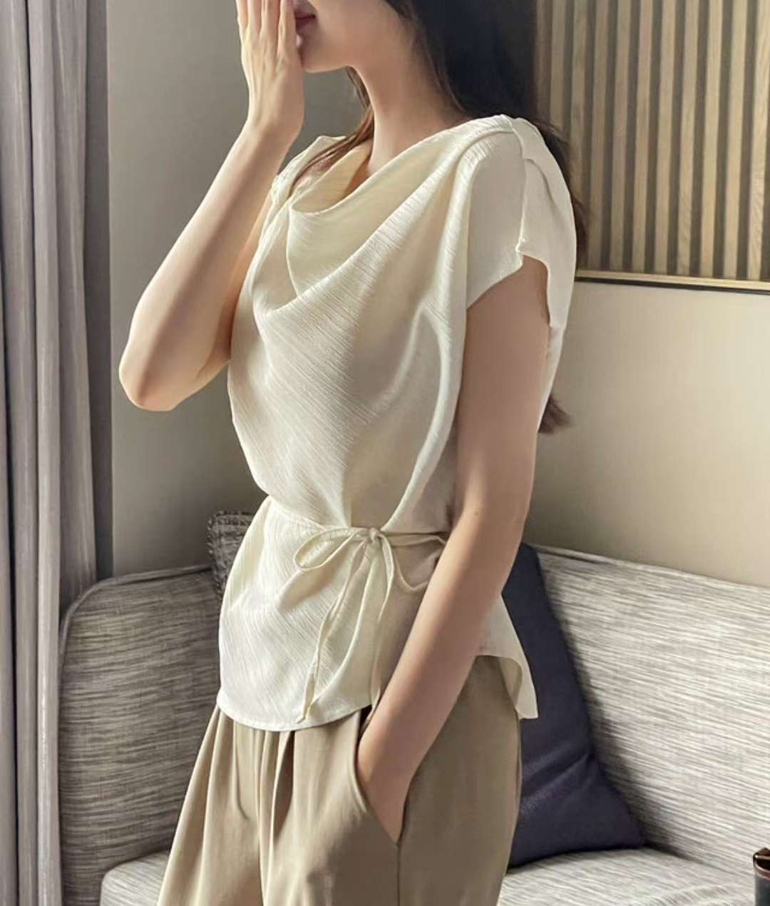 HARA韓國代購㊣女士新款職業熱賣時尚25春夏襯衫蕾絲衫含腰繩HARA襯衫/蕾絲衫