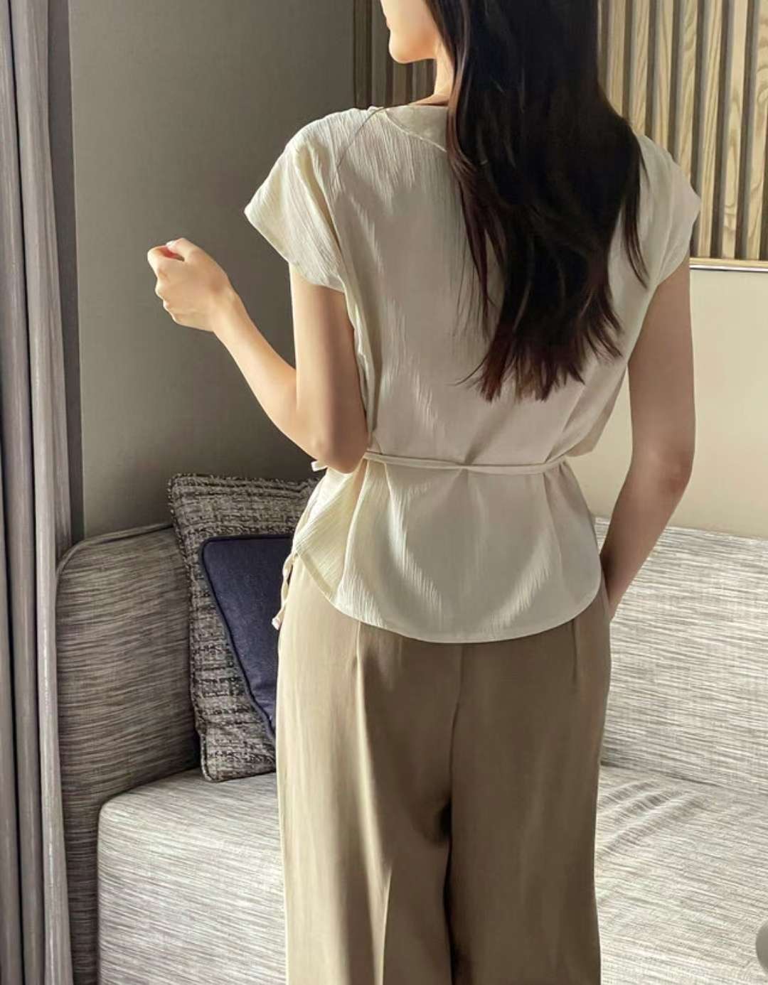 HARA韓國代購㊣女士新款職業熱賣時尚25春夏襯衫蕾絲衫含腰繩HARA襯衫/蕾絲衫