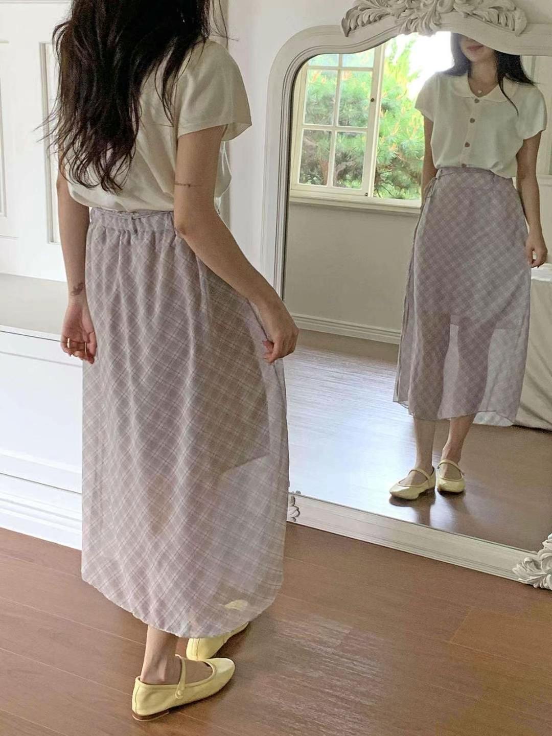STELLA SKIRT東大門㊣直郵女士新款時尚長裙含腰繩格紋雪紡STELLA SKIRT長裙