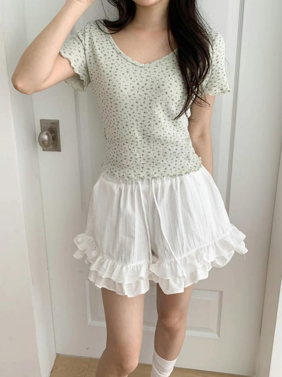 STELLA SKIRT韓國代購㊣女士新款熱賣休閑短褲奶油色荷葉邊STELLA SKIRT短褲