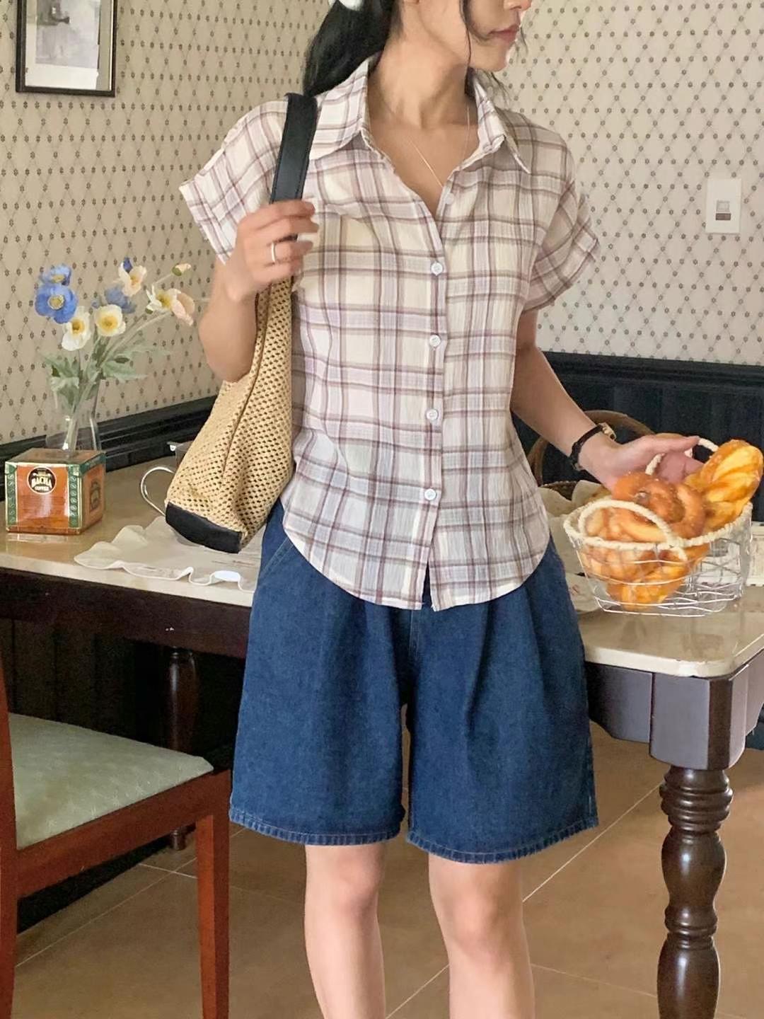 EROOM東大門㊣實拍女士新款推薦人氣職業25春夏襯衫蕾絲衫格紋EROOM襯衫/蕾絲衫圖色1