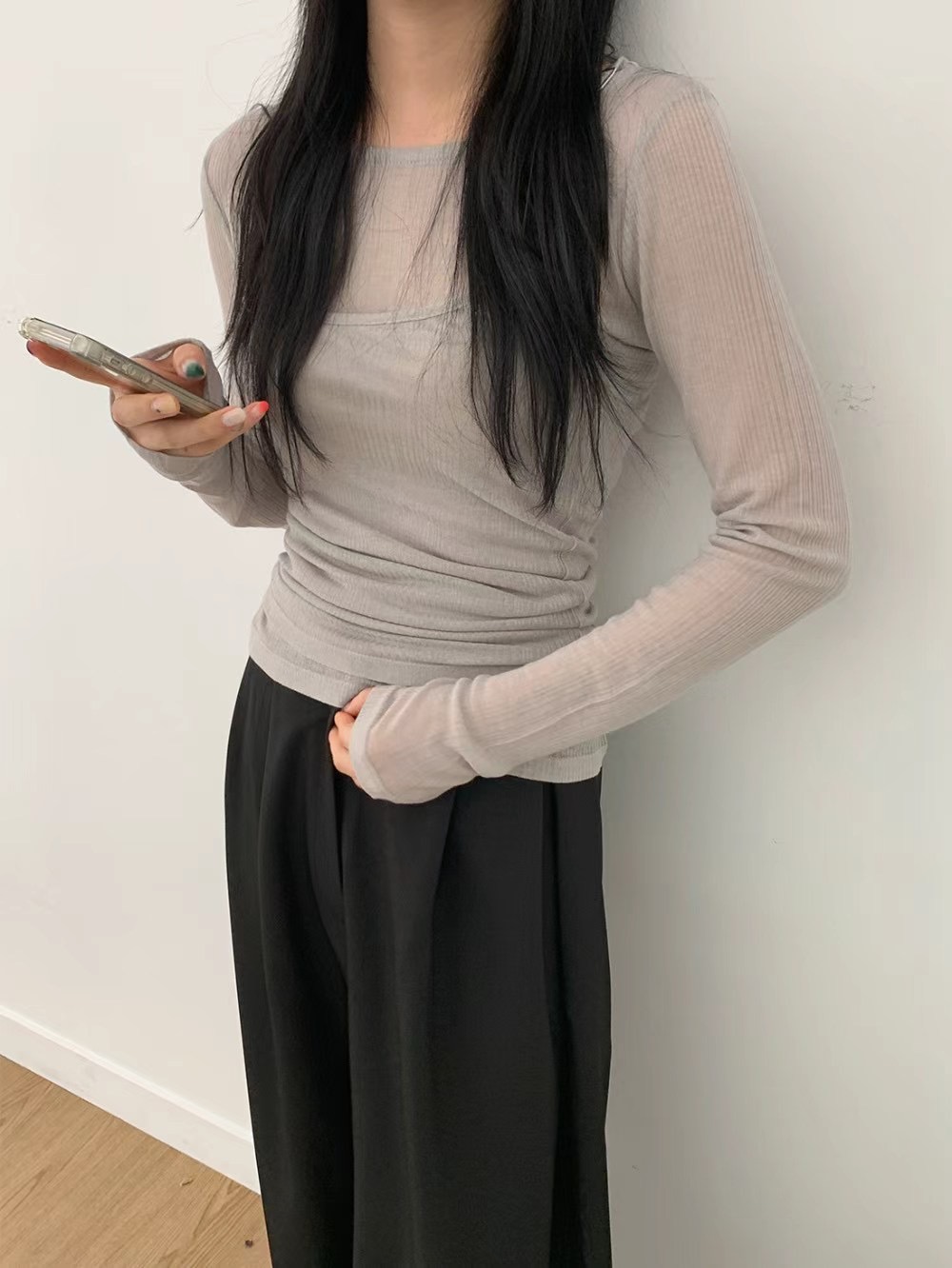 DINO韓國代購㊣女裝新品職業時尚25春夏休閑長袖T恤兩件套天絲DINO長袖T恤圖色2