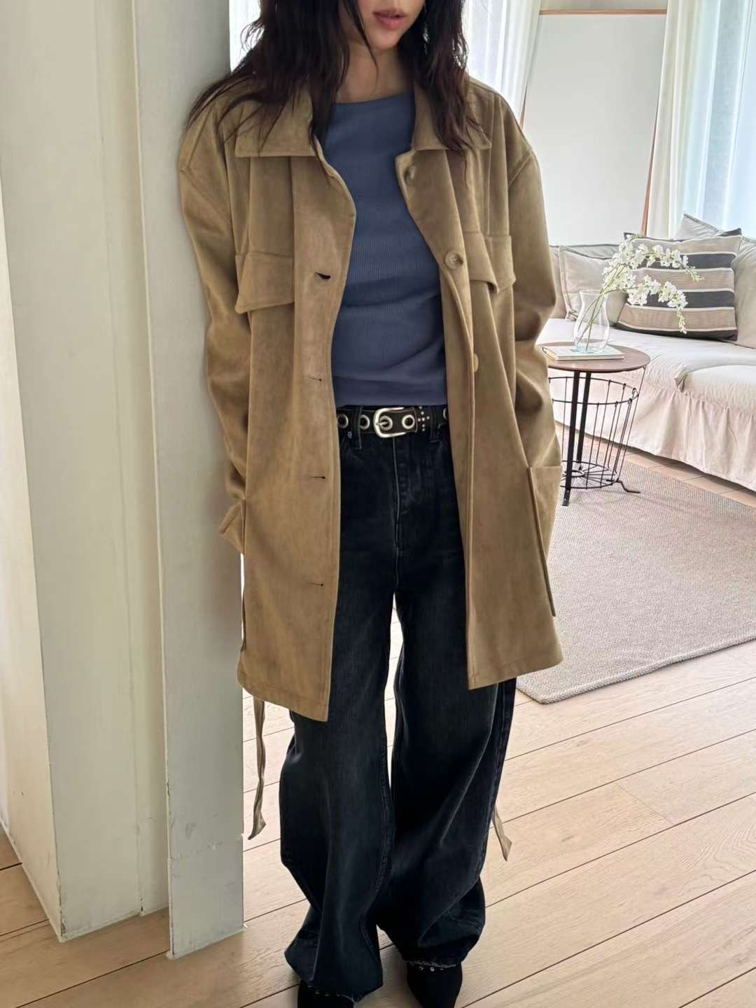 OURSTUDIO東大門㊣直郵女裝新款職業25春夏夾克含腰帶絨面革OURSTUDIO夾克