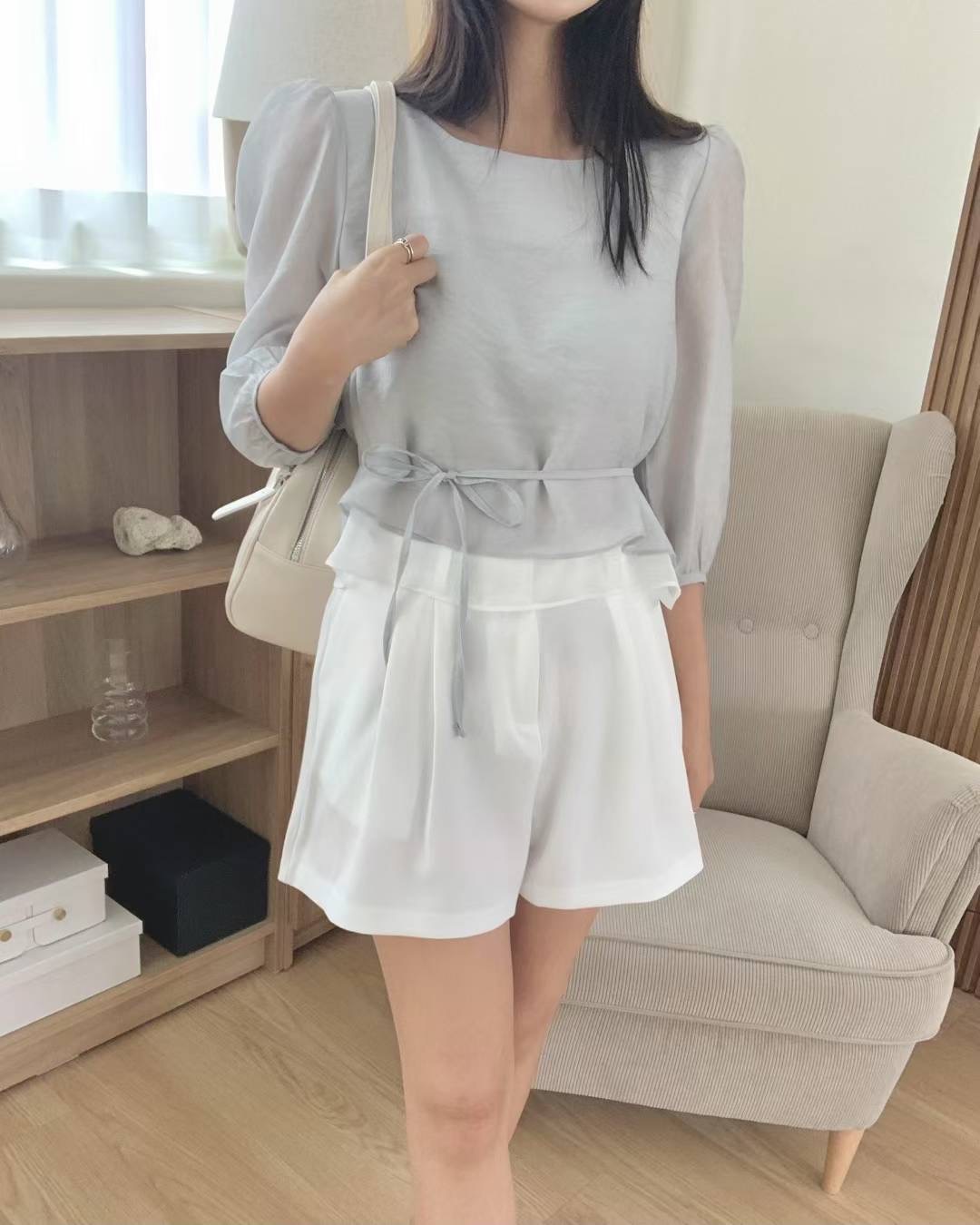 AGATHE韓國代購㊣女士新款時尚人氣推薦25春夏襯衫蕾絲衫含腰繩AGATHE襯衫/蕾絲衫