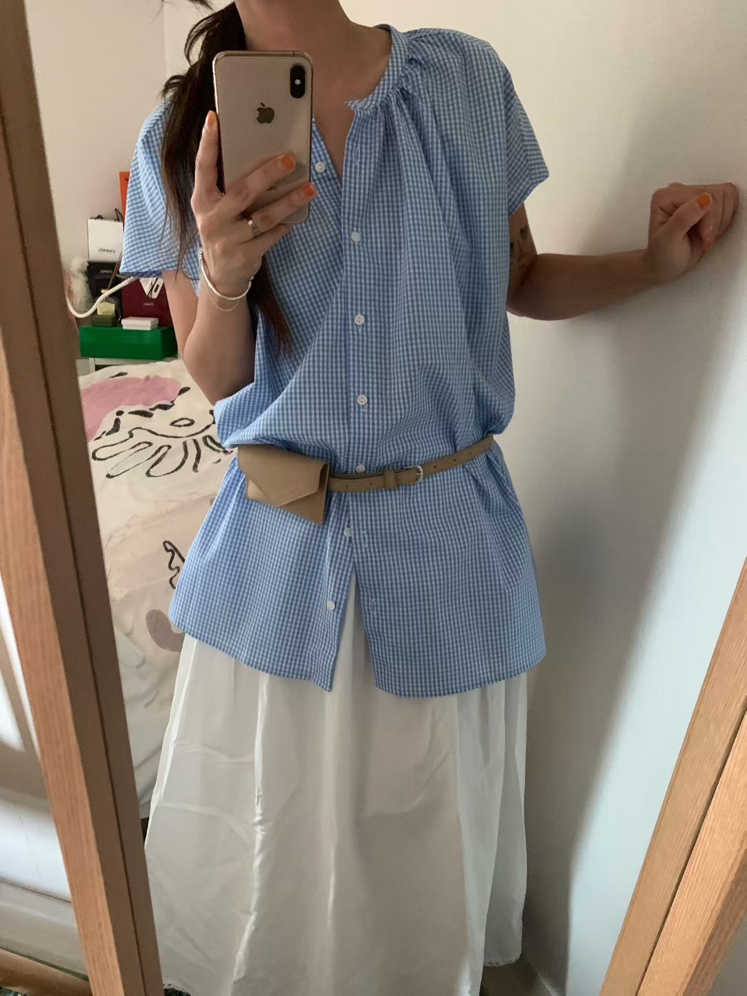 FEVER東大門㊣代購女士新品真品休閑時尚襯衫蕾絲衫含腰包格紋FEVER襯衫/蕾絲衫圖色2