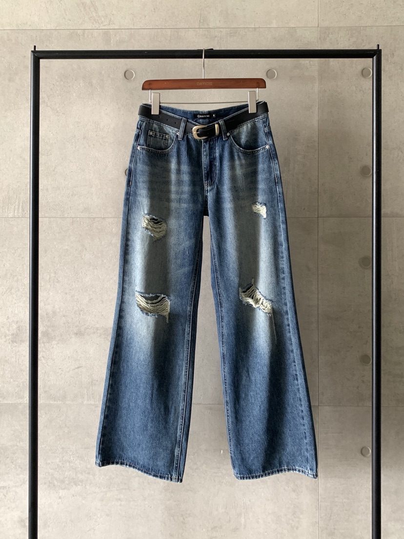 DAVICHI東大門㊣代購女士新品職業25秋夏熱賣牛仔褲含隨機腰帶DAVICHI牛仔褲圖色1