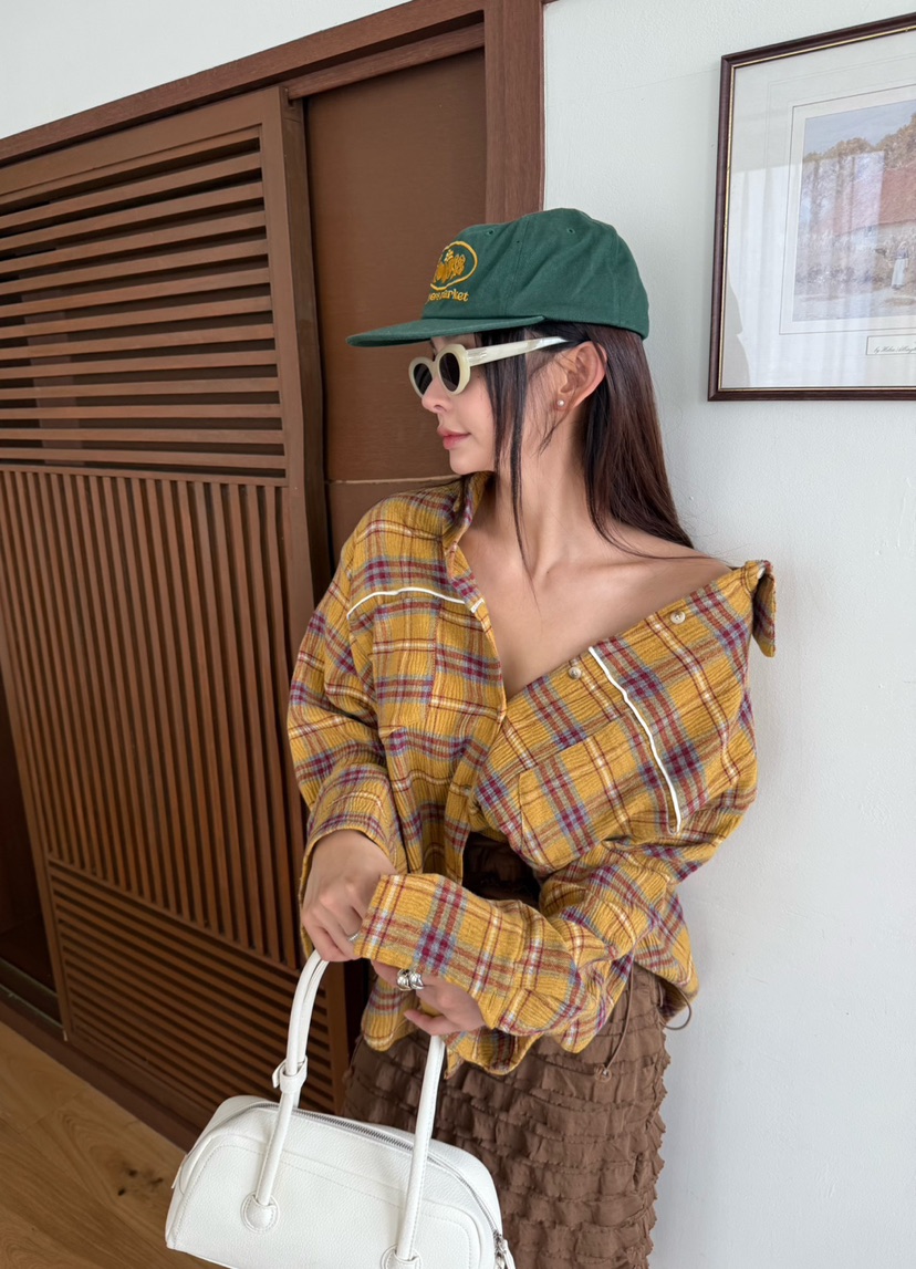 DENVER韓國直郵㊣女裝新品休閑時尚熱賣襯衫蕾絲衫格紋褶皺DENVER襯衫/蕾絲衫