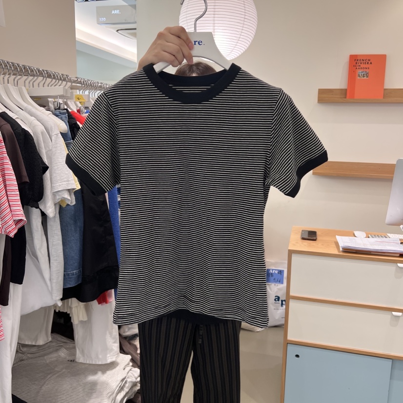 ARE韓國代購㊣女裝新品職業熱賣25秋夏人氣真品時尚T恤條紋ARE YOU/ARET恤圖色2