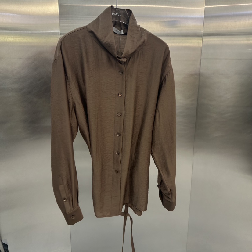 PAVEL韓國代購㊣女裝新品職業25秋夏休閑襯衫蕾絲衫含腰帶高領PAVEL襯衫/蕾絲衫圖色3