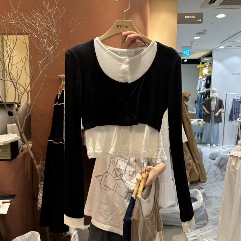 MIENNE韓國代購㊣女士新款熱賣真品人氣休閑推薦長袖T恤假兩件MIENNE長袖T恤圖色2