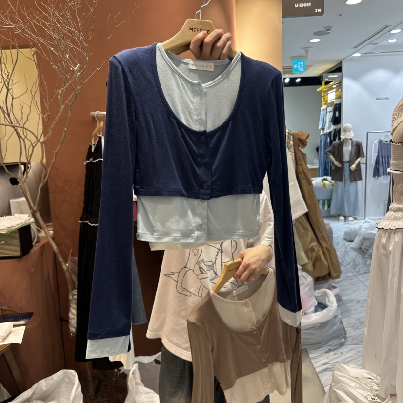 MIENNE韓國代購㊣女士新款熱賣真品人氣休閑推薦長袖T恤假兩件MIENNE長袖T恤圖色3