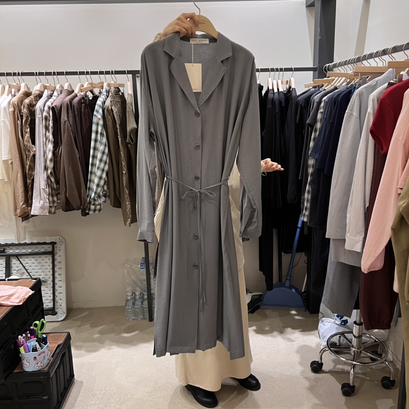 SELF SERVICE東大門㊣代購女裝新款25秋冬長款風衣含腰繩紐扣SELF SERVICE長款風衣圖色3