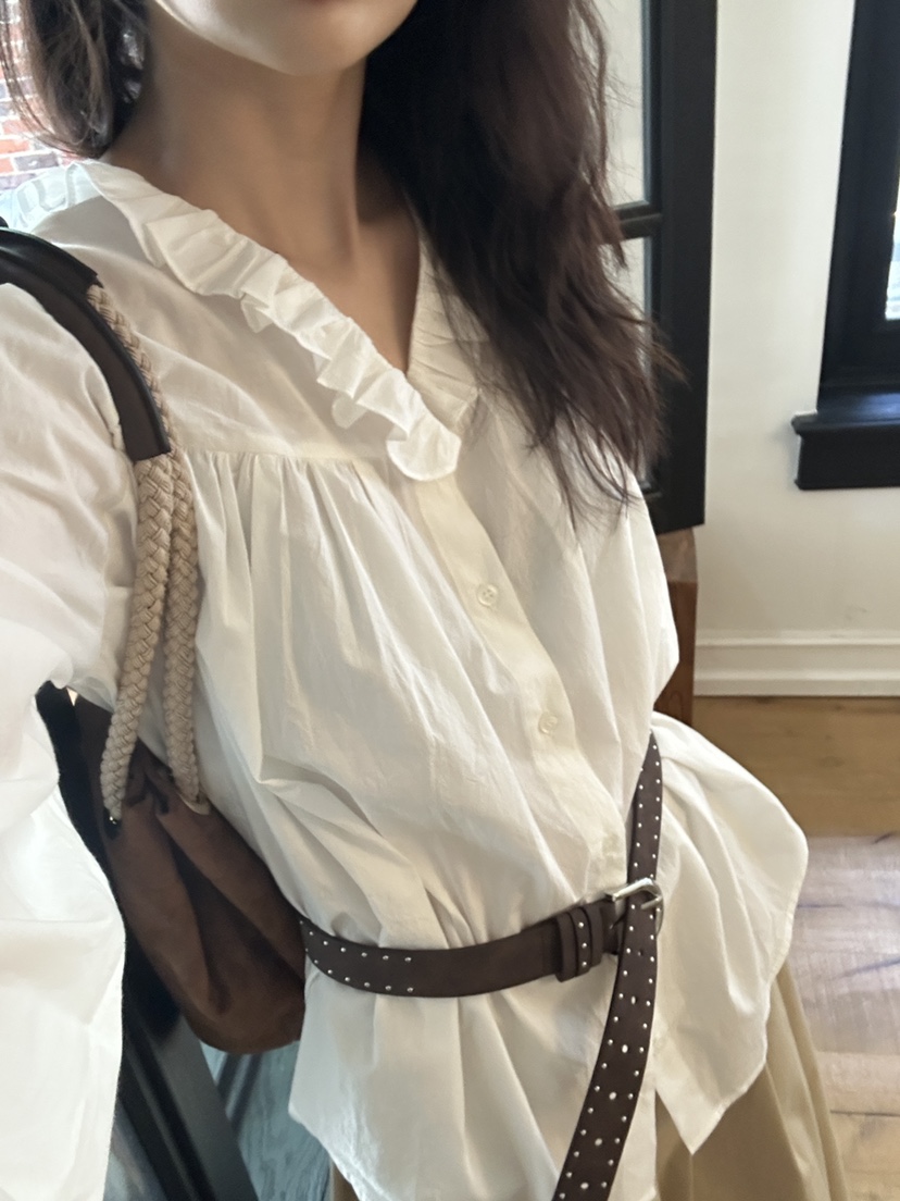ME MO東大門㊣代購女裝新款職業襯衫蕾絲衫不含腰帶荷葉邊ME MO襯衫/蕾絲衫