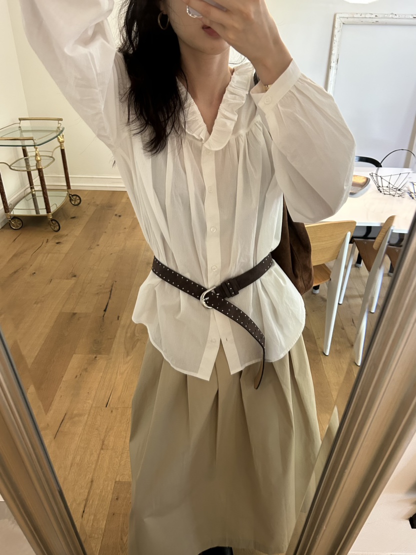ME MO東大門㊣代購女裝新款職業襯衫蕾絲衫不含腰帶荷葉邊ME MO襯衫/蕾絲衫