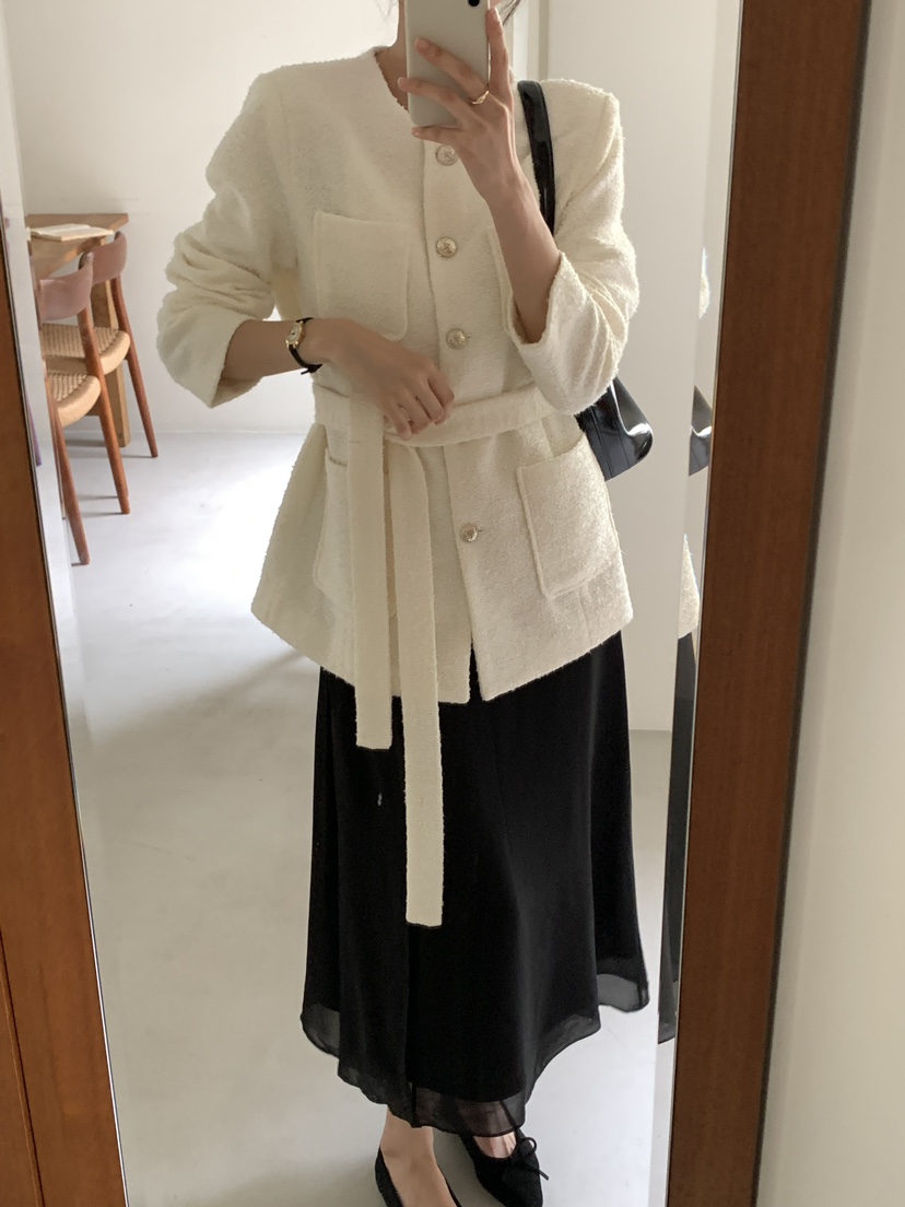 FRILL-T東大門㊣直郵女裝新品推薦人氣休閑夾克粗花呢腰帶FRILL-T夾克