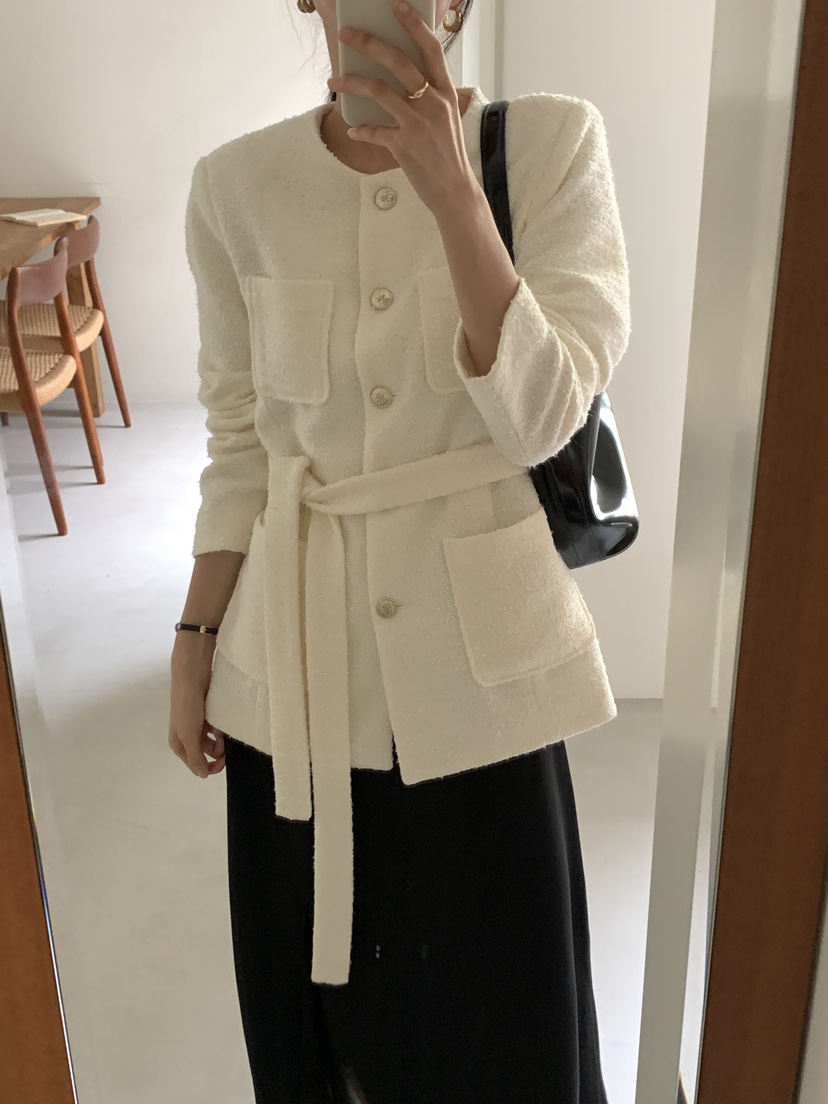 FRILL-T東大門㊣直郵女裝新品推薦人氣休閑夾克粗花呢腰帶FRILL-T夾克