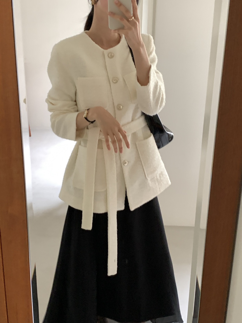 FRILL-T東大門㊣直郵女裝新品推薦人氣休閑夾克粗花呢腰帶FRILL-T夾克