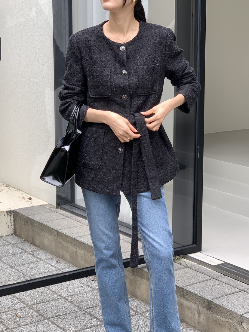 FRILL-T東大門㊣直郵女裝新品推薦人氣休閑夾克粗花呢腰帶FRILL-T夾克