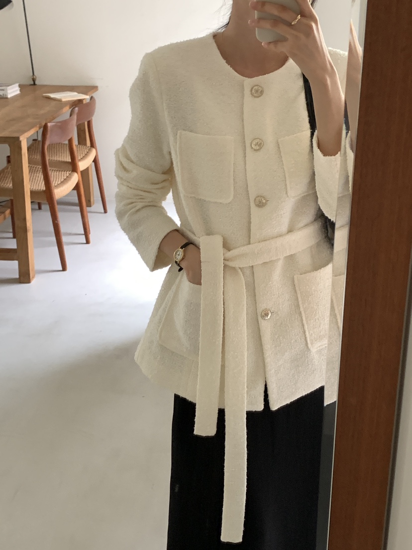 FRILL-T東大門㊣直郵女裝新品推薦人氣休閑夾克粗花呢腰帶FRILL-T夾克