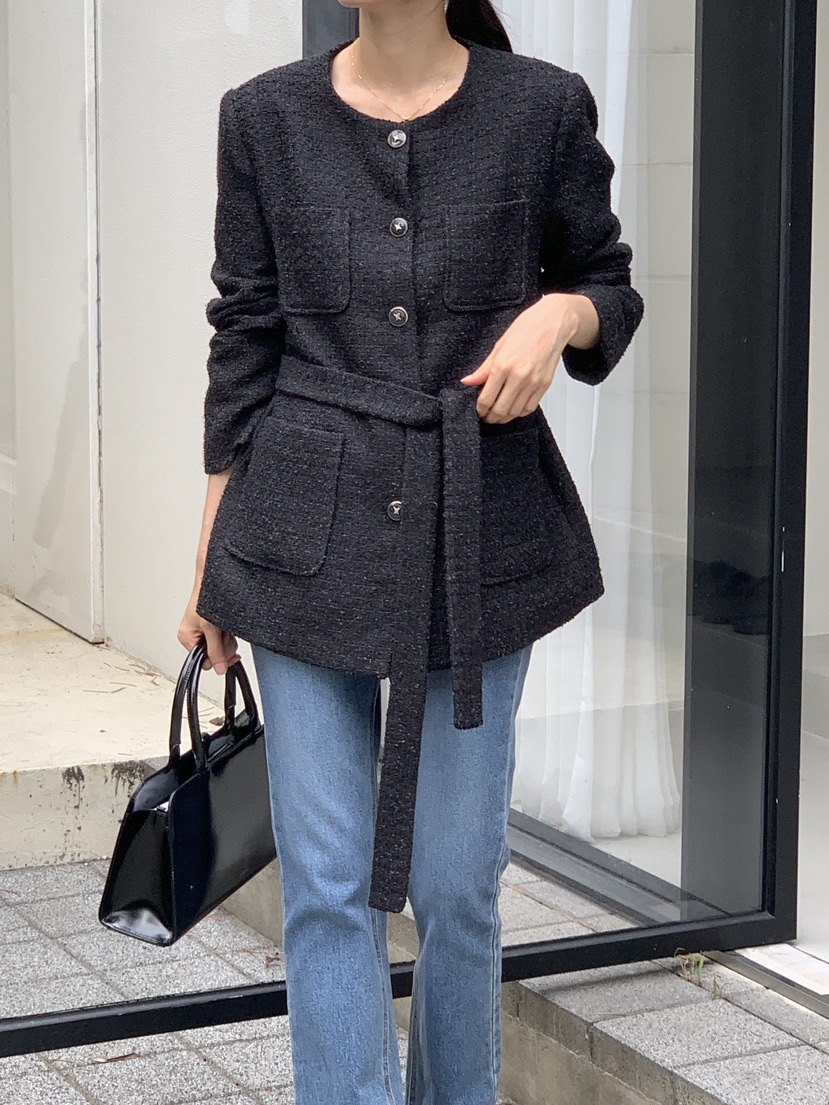 FRILL-T東大門㊣直郵女裝新品推薦人氣休閑夾克粗花呢腰帶FRILL-T夾克