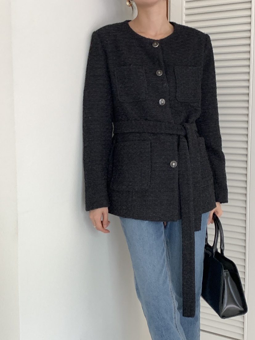 FRILL-T東大門㊣直郵女裝新品推薦人氣休閑夾克粗花呢腰帶FRILL-T夾克