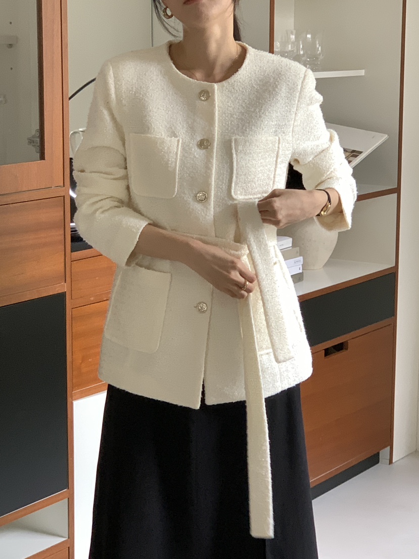 FRILL-T東大門㊣直郵女裝新品推薦人氣休閑夾克粗花呢腰帶FRILL-T夾克圖色1