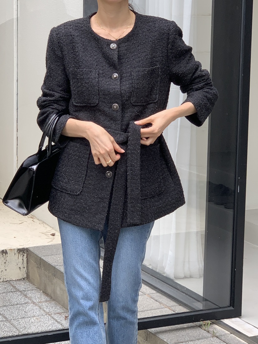 FRILL-T東大門㊣直郵女裝新品推薦人氣休閑夾克粗花呢腰帶FRILL-T夾克圖色2