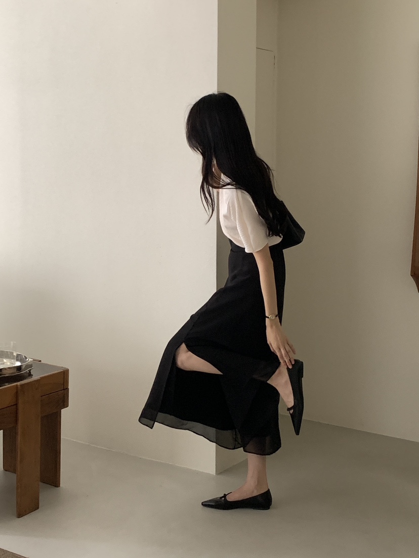 FRILL-T東大門㊣實拍女士新款25秋夏休閑人氣長裙雪紡雙層FRILL-T長裙