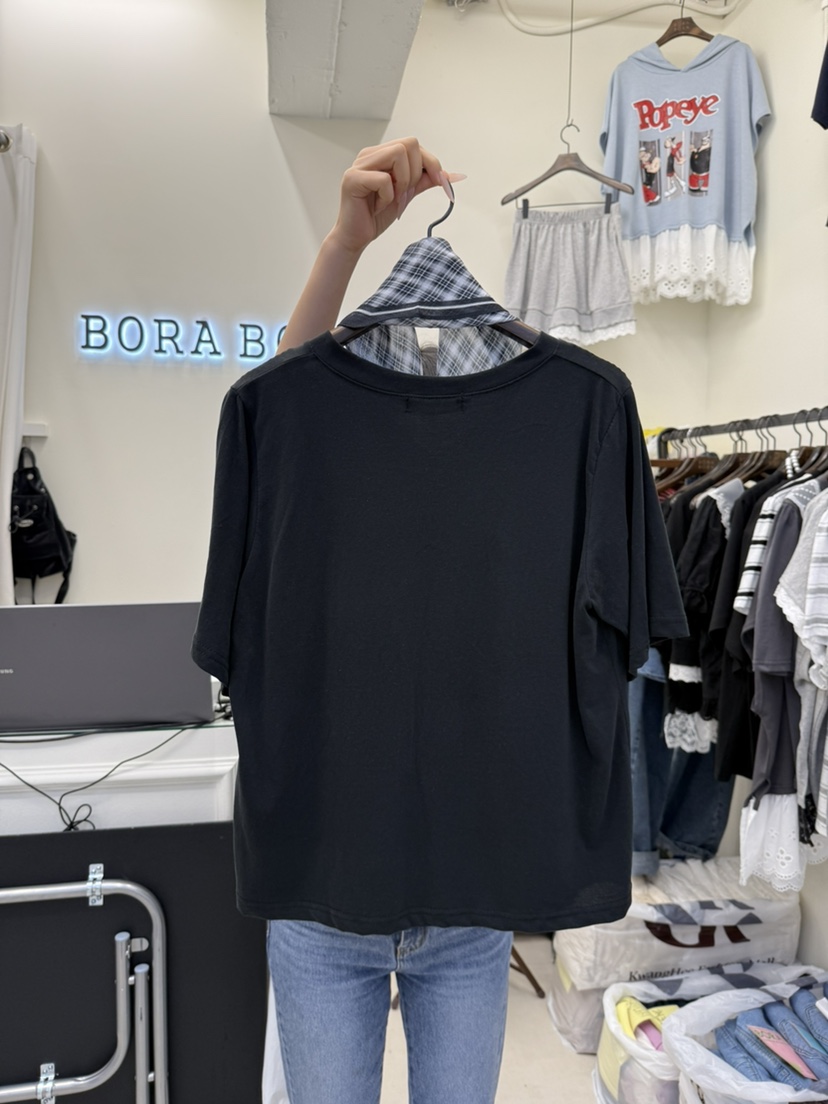 BORA BORA韓國代購㊣女士新款推薦真品熱賣25秋夏休閑T恤格紋BORA BORAT恤