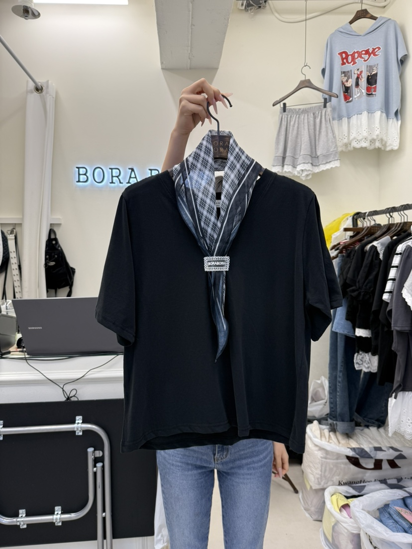 BORA BORA韓國代購㊣女士新款推薦真品熱賣25秋夏休閑T恤格紋BORA BORAT恤圖色1