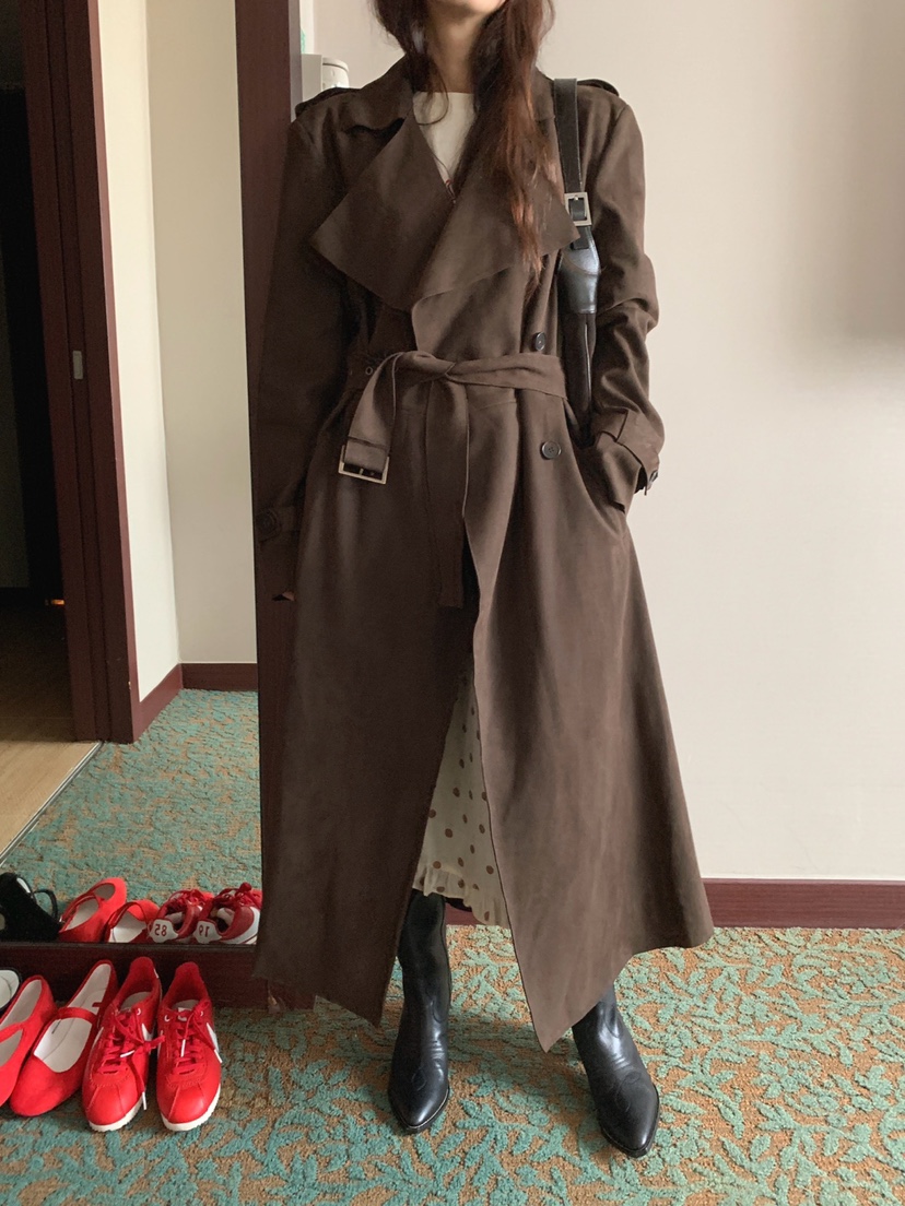 JKICHI韓國代購㊣女裝新品25秋夏人氣長款風衣含腰帶絨面革JKICHI長款風衣