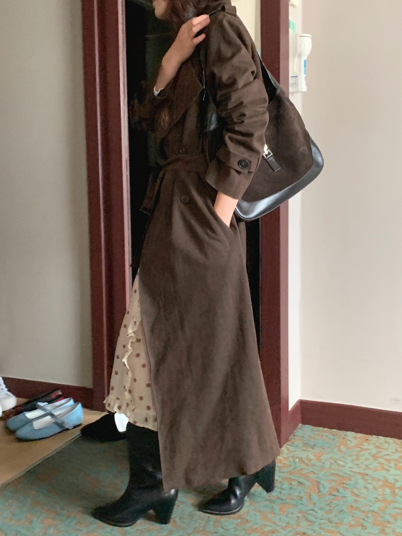 JKICHI韓國代購㊣女裝新品25秋夏人氣長款風衣含腰帶絨面革JKICHI長款風衣