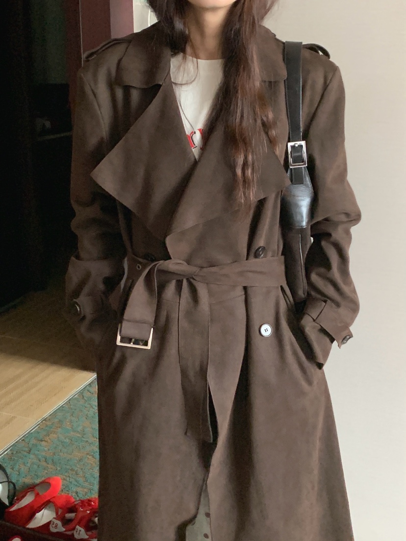 JKICHI韓國代購㊣女裝新品25秋夏人氣長款風衣含腰帶絨面革JKICHI長款風衣