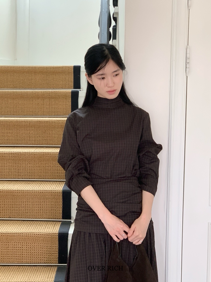 OVER RICH韓國代購㊣女裝新款真品職業襯衫蕾絲衫毛圈布格紋OVER RICH襯衫/蕾絲衫