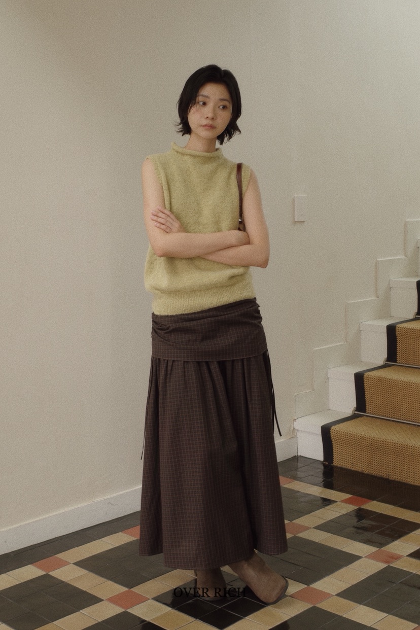 OVER RICH東大門㊣實拍女士新款休閑推薦職業長裙毛圈布格紋OVER RICH長裙