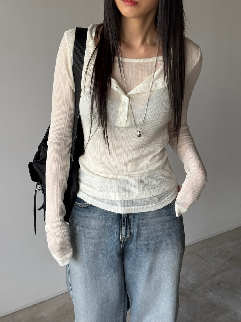 Verbena東大門㊣實拍女裝新款真品25秋冬熱賣人氣長袖T恤紐扣Verbena長袖T恤