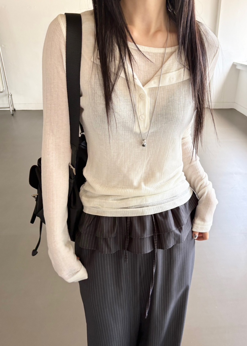 Verbena東大門㊣實拍女裝新款真品25秋冬熱賣人氣長袖T恤紐扣Verbena長袖T恤