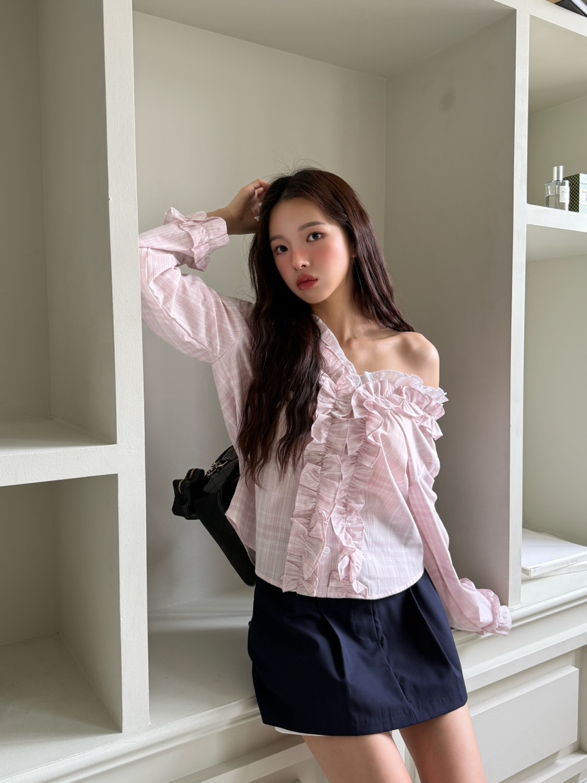 MARKE-P韓國直郵㊣女裝新款時尚休閑襯衫蕾絲衫荷葉邊格紋MARKE-P襯衫/蕾絲衫