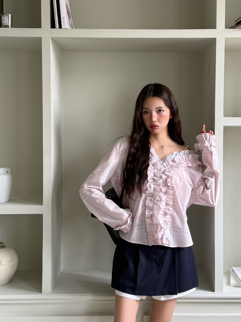 MARKE-P韓國直郵㊣女裝新款時尚休閑襯衫蕾絲衫荷葉邊格紋MARKE-P襯衫/蕾絲衫