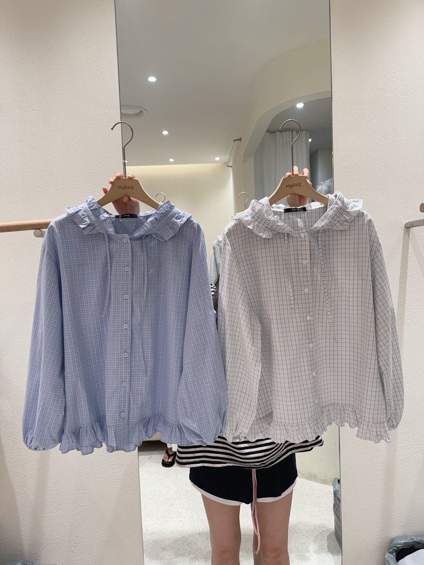 MARKE-P東大門㊣代購女裝新品休閑襯衫蕾絲衫荷葉邊格紋連帽MARKE-P襯衫/蕾絲衫