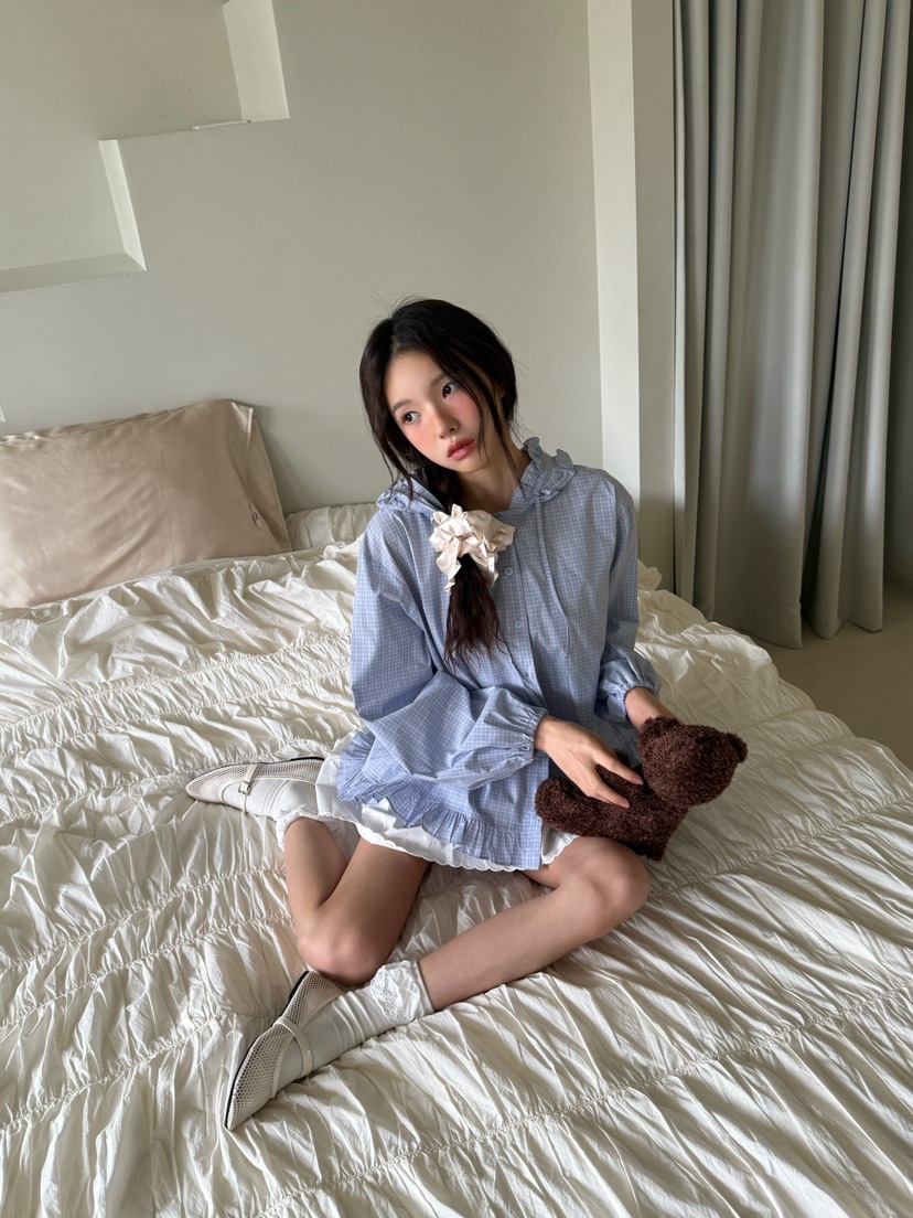 MARKE-P東大門㊣代購女裝新品休閑襯衫蕾絲衫荷葉邊格紋連帽MARKE-P襯衫/蕾絲衫