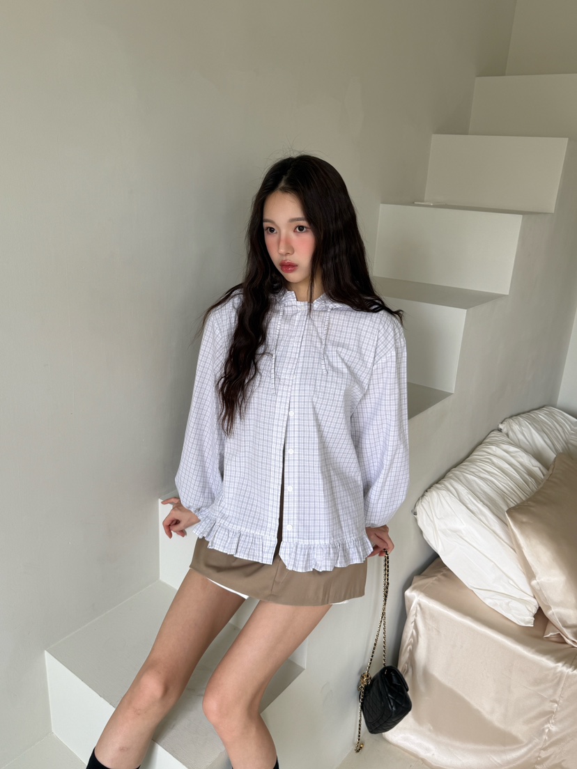 MARKE-P東大門㊣代購女裝新品休閑襯衫蕾絲衫荷葉邊格紋連帽MARKE-P襯衫/蕾絲衫