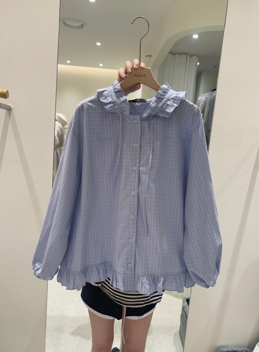 MARKE-P東大門㊣代購女裝新品休閑襯衫蕾絲衫荷葉邊格紋連帽MARKE-P襯衫/蕾絲衫圖色2