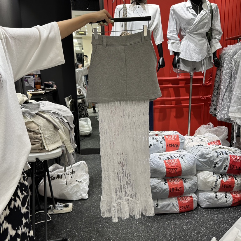RARE CLOSET韓國代購㊣女裝新品時尚真品休閑長裙假兩件蕾絲RARE CLOSET長裙圖色2