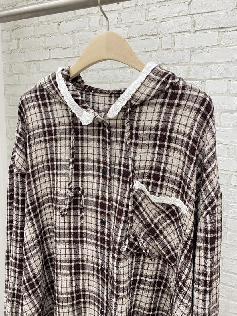COCOMATON韓國直郵㊣女裝新品25秋冬休閑襯衫蕾絲衫格紋連帽COCOMATON襯衫/蕾絲衫